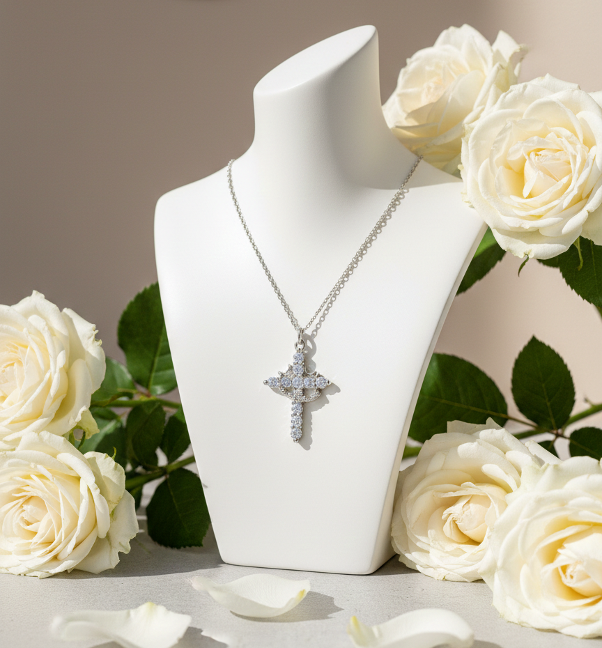 Collar Cruz Y Corona + Caja Blanca