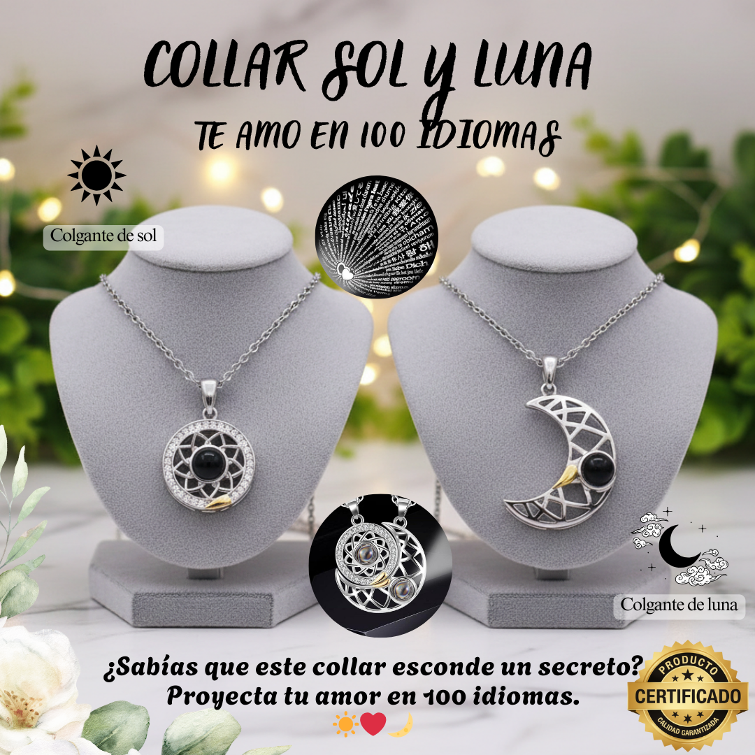 COLLAR SOL Y LUNA, TE AMO EN 100 IDIOMAS DIFERENTES